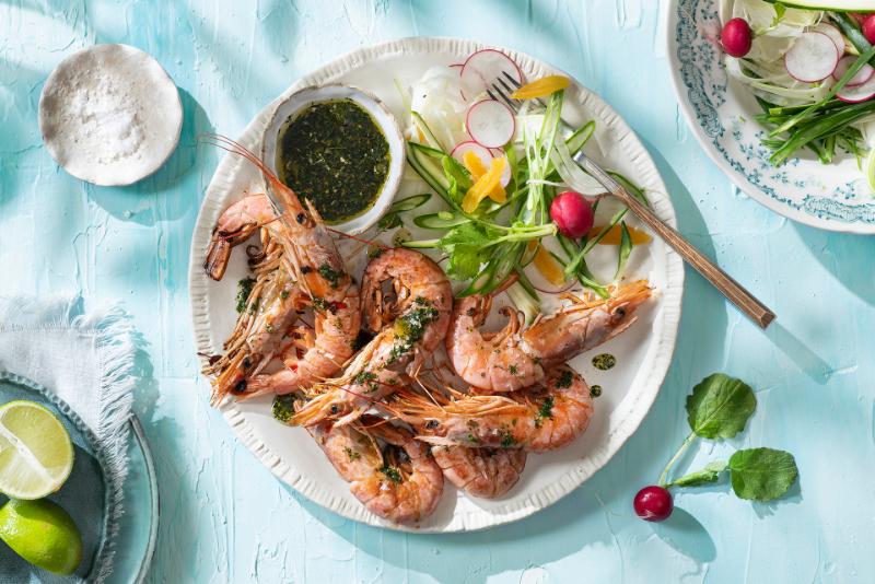 Grilled Argentinian shrimps with chili, ginger and Chimichurri sauce