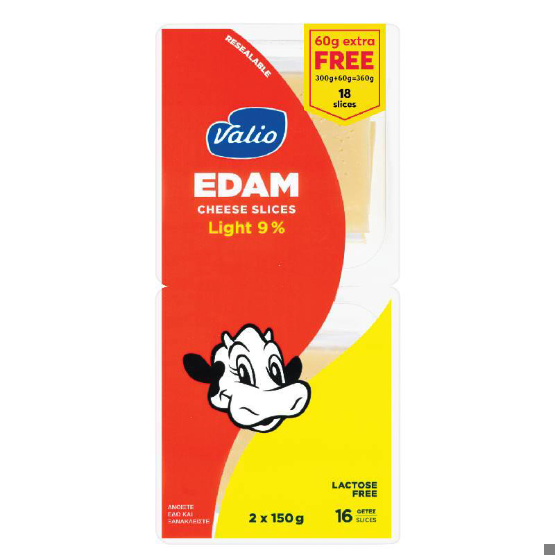 Valio Edam light 9% sliced 300g+60g Free