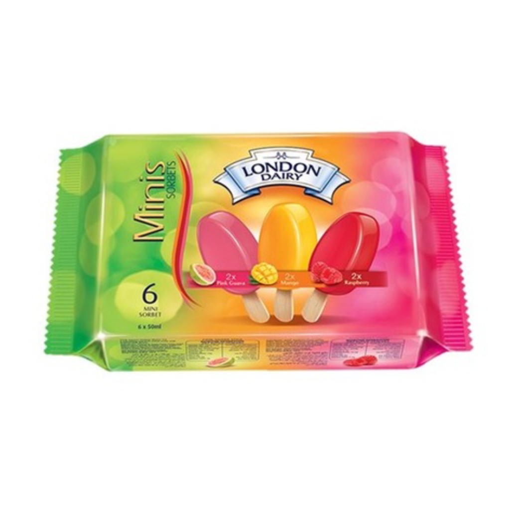 London Dairy μίνι παγωτίνια σορμπέ (Μάνγκο+Βατόμουρο+Ροζ Γκουάβα) 6x50ml London Dairy μίνι παγωτίνια σορμπέ (Μάνγκο+Βατόμουρο+Ροζ Γκουάβα) 6x50ml